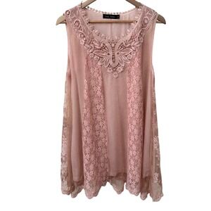 Casual Express Lace Tunic Top Medium Pink Crochet Butterfly Sleeveless Boho Mesh